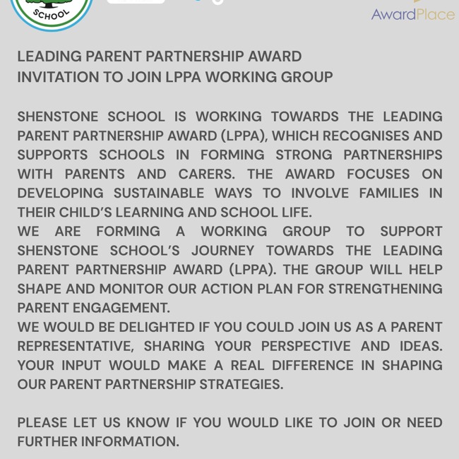 Invitation to Join LPPA (Leading Parent Partnership Award) Working Group